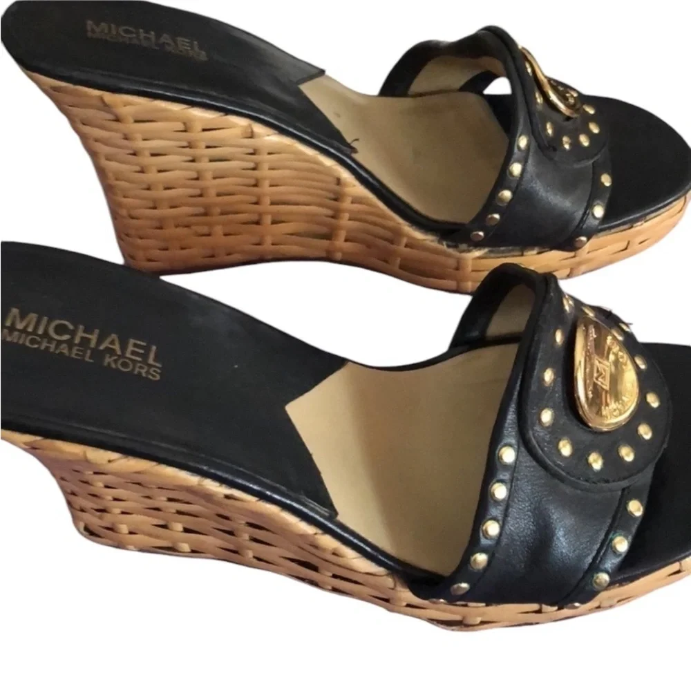 Micheal Kors size 10 black leather with gold studs wicker platform wedge heel